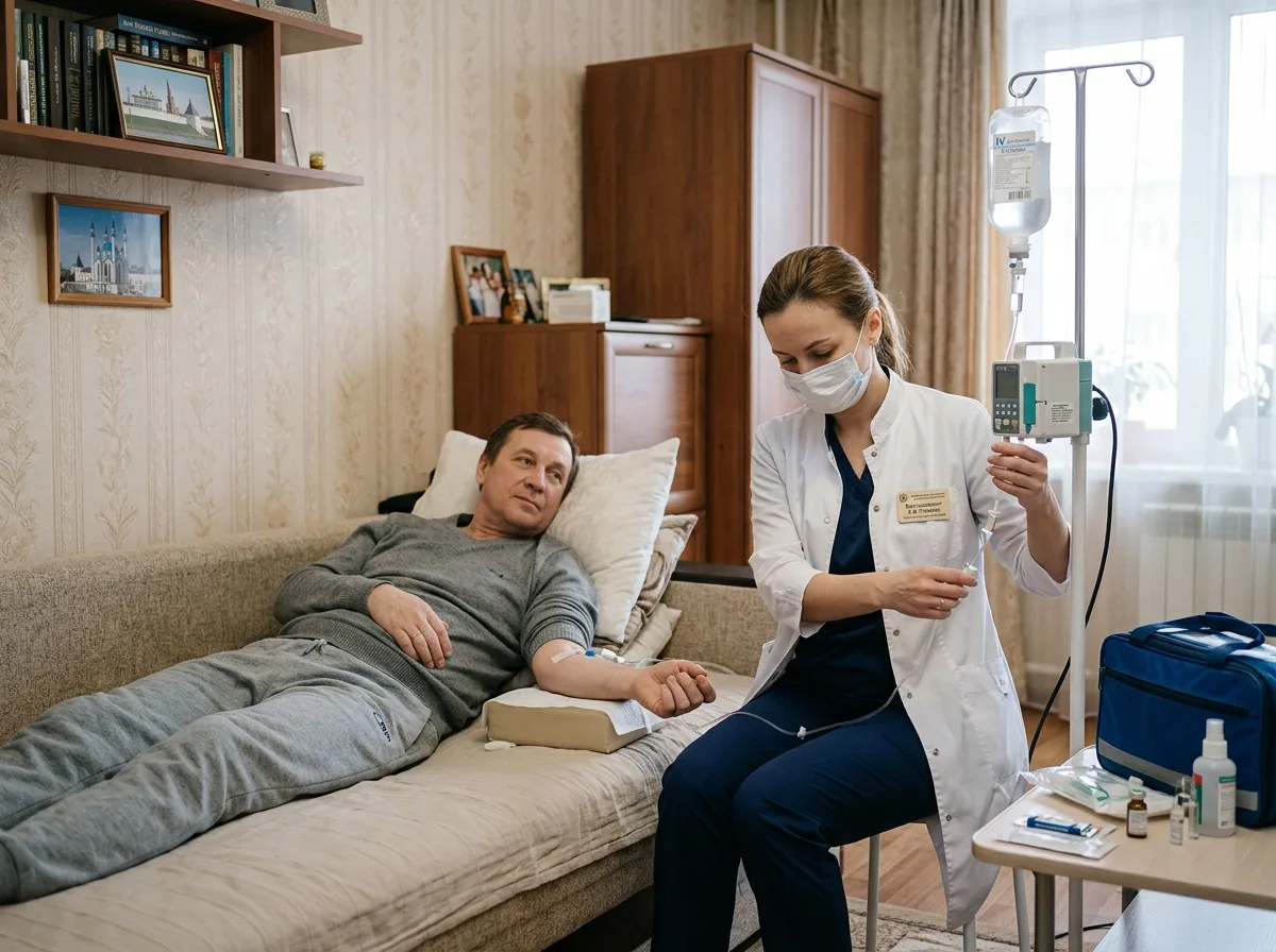 Врач-нарколог в белом халате устанавливает капельницу пациенту на дому в Казани, домашняя обстановка, спокойная атмосфера профессиональной медицинской помощи