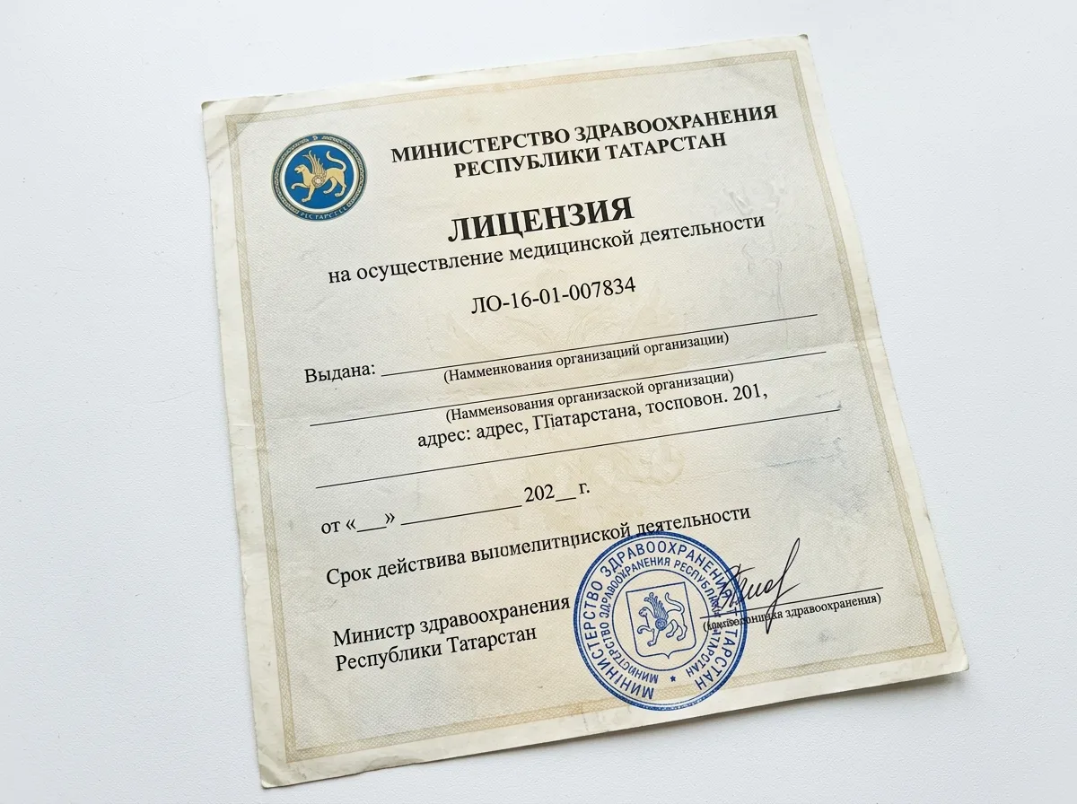 Лицензия на осуществление медицинской деятельности ЛО-16-01-007834, выданная Министерством здравоохранения Республики Татарстан, документ на белом фоне официальный вид
