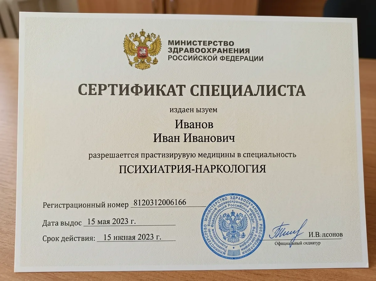 Сертификат специалиста врача-нарколога Министерство здравоохранения России, документ с печатью на светлом фоне